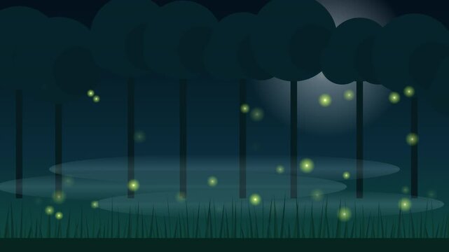 Enchanting 4K animated night meadow: glowing fireflies drift and blink among swaying grass and tree silhouettes beneath soft moonlit mist. Calm fantasy backdrop. Seamless loop.