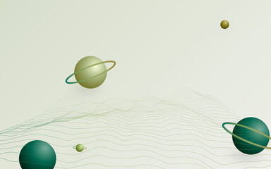 Abstract green space background with planets and particle line wave. Glossy spheres with rings on light backdrop. Futuristic cosmic science concept. Modern minimal galaxy wallpaper design. © Pixel Park