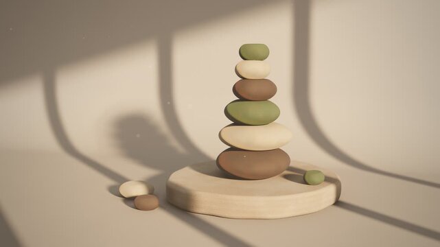 Balanced Clay Pebble Stack Rotating on Sandstone Base with Sweeping Warm Sunlight