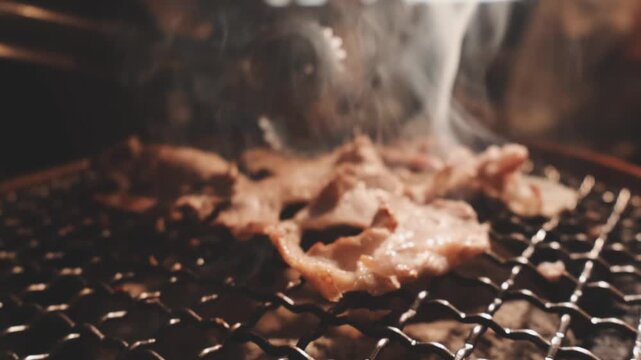 Grilled meat steak on stainless grill depot with flames on dark background. Food and cuisine concept. Copy space image. Place for adding text or design