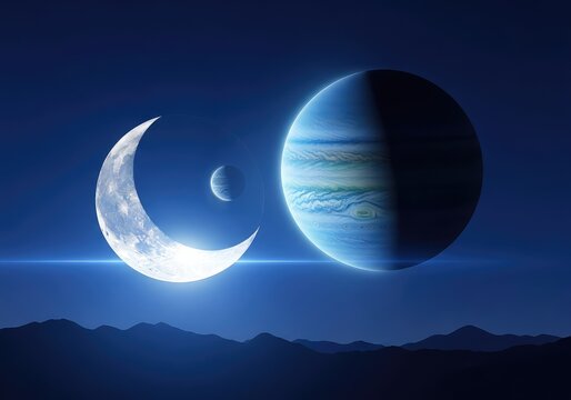 A luminous silver crescent moon hangs beside a brilliant radiant planet in the deep indigo night sky above a dark silhouette of mountains, background, constellation, ethereal