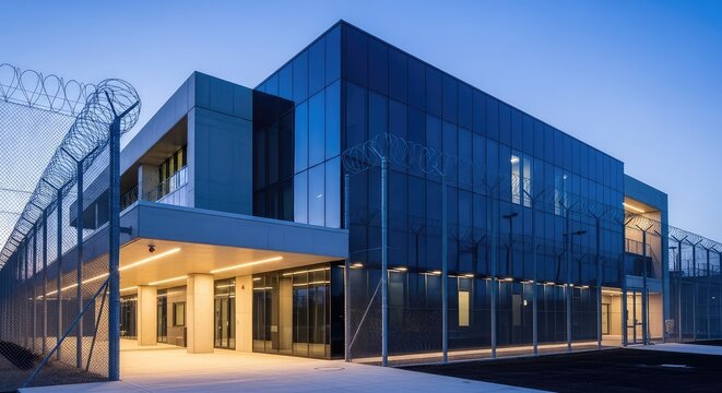 A modern penitentiary building exterior at dusk featuring sleek architecture, high security fences, and glowing evening walkway lighting, twilight, modern, perimeter