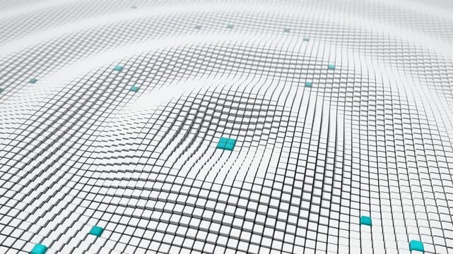 vast grid of soft white 3d cubes rising and falling in radial ripple with glowing teal cubes loop