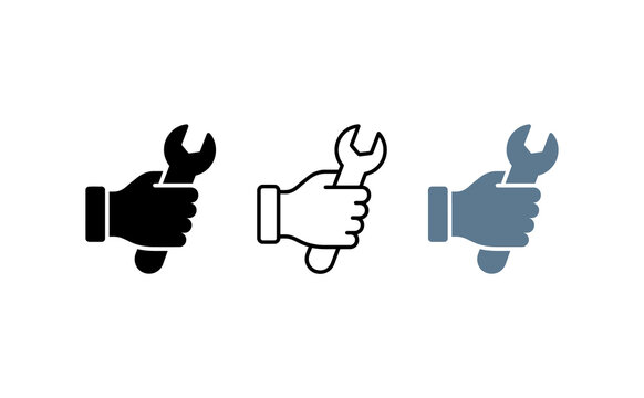 Wrench in hand icon collection, 3 repair and maintenance symbols, technical service and plumbing tool graphics for industrial apps