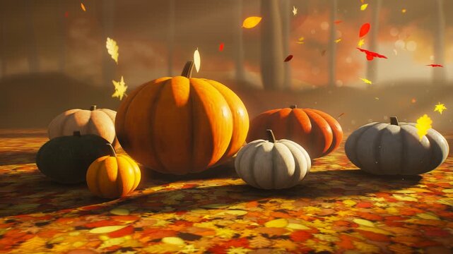 Cinematic 3D pumpkins on bed of fallen autumn leaves in warm golden sunlight with drifting leaves