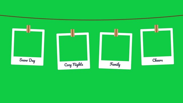 Blank polaroid photo frames hanging on a clothesline on green screen. 2D animation.