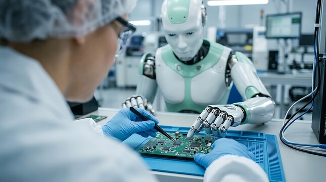 Technician and humanoid robot collaborating on circuit board assembly in futuristic lab