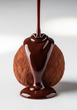 Thick, melted dark chocolate cascades down a decadent gourmet truffle in a smooth, glossy stream, creating a tempting and rich dessert view, liquid, rich, melted