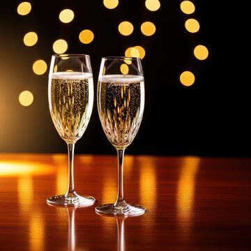 Two elegant crystal glasses filled with sparkling wine stand on a dark surface, reflecting golden bokeh lights for a festive anniversary toast, blurred, holiday, party