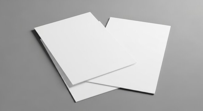 Two vertical white blank flyers lie on a neutral gray surface with soft shadows, creating a minimalist mockup for graphic design projects, print, clean, background