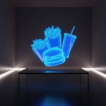 Vibrant blue holographic food items float above a minimalist glass table in a sleek dark room illuminated by subtle ambient neon lights, creative, tech, reflection