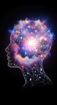 Vibrant nebula swirls within an ethereal profile, glowing neural connections and luminous sparks representing the flow of infinite ideas, light, art, portal