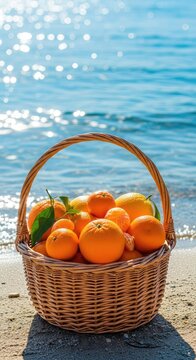 Vibrant orange fruits rest inside a rustic wicker basket placed near sparkling blue water, reflecting bright sunlight on a summer day, basket, fresh, juicy