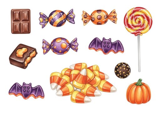 Vibrant watercolor collection of assorted Halloween sweets and candy corn treats on a plain white background for festive clipart designs, graphic, element, orange