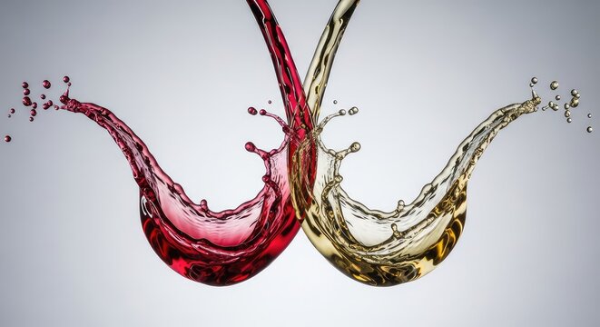 Vibrant streams of deep red and crisp white wine colliding in mid-air, creating a graceful dance of liquid drops against a plain backdrop, gold, drop, spray