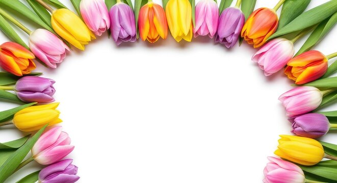 Vibrant yet soft pastel tulips create a natural border around a blank white background, perfect for spring messages and floral greetings, pink, botanical, spring