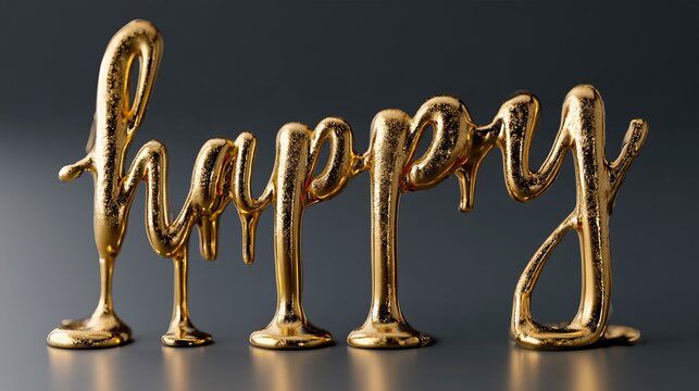 Golden melting liquid metal typography spelling the word happy on a dark reflective surface with elegant lighting