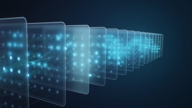 Frosted glass neural network layers with glowing node grids and teal light wave passing through