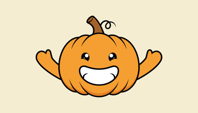Happy cartoon pumpkin character with a wide toothy grin and outstretched arms celebrates the autumn harvest season.