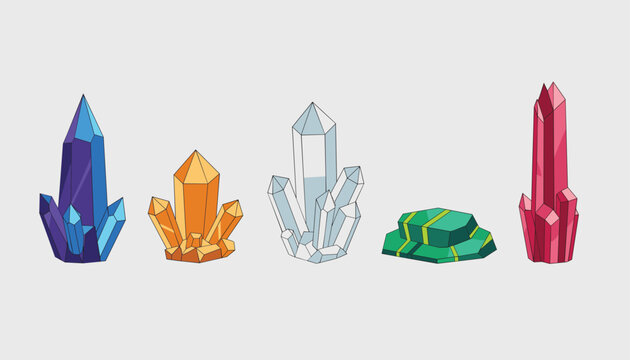 Collection of five diverse crystal formations in vibrant shades of blue, orange, clear white, green, and deep pink on a neutral grey background.