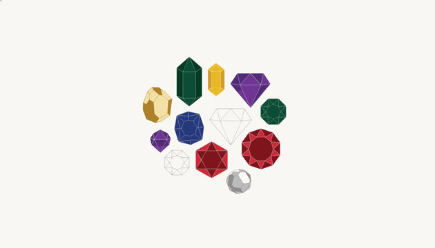 Beautiful collection of multifaceted gemstones and crystals in various colors and cuts arranged in a circular pattern.