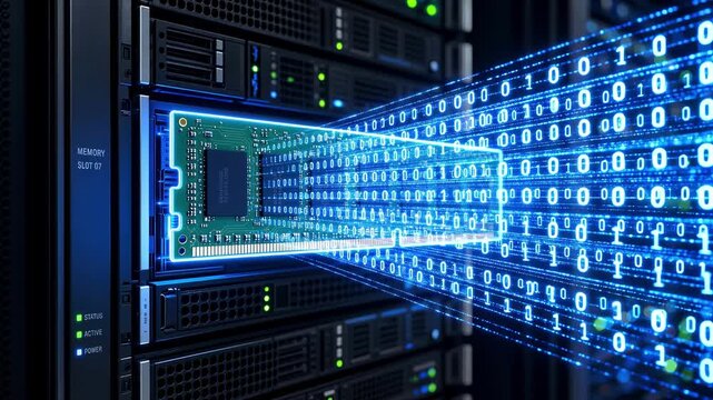 Computer memory module glowing with digital data streams in server room. Concept of high-speed data processing and cloud computing. Static close-up shot.