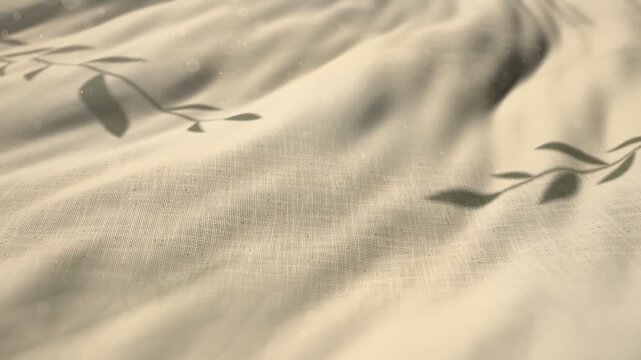 Natural linen fabric rippling in warm sunlight with swaying olive leaf shadows and floating dust motes