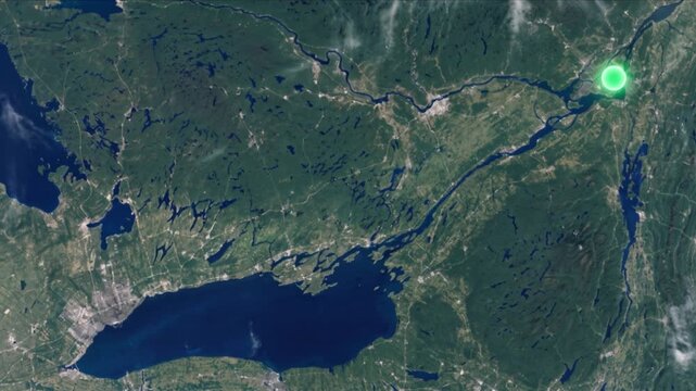 トロントからモントリオールへの光子移動を示す衛星軌道視点の様子