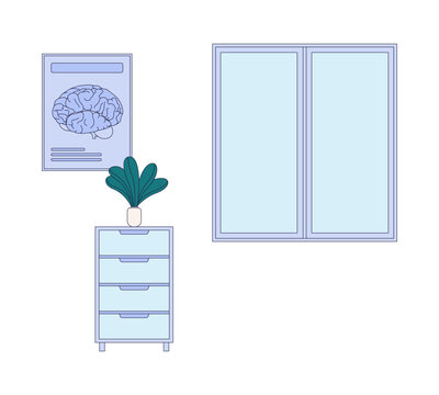 Neurology rehabilitation clinic interior 2D vector illustration. Brain anatomy poster with filing cabinet and window. Medical office flat room isolated on white background. Colorful cartoon image