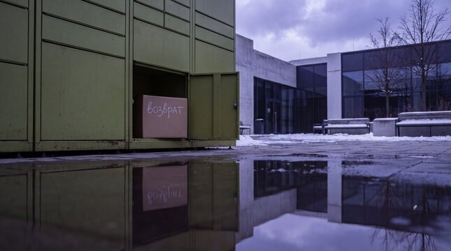 return package concept, a solitary parcel locker blanketed in snow, reflecting the tranquil blue hour