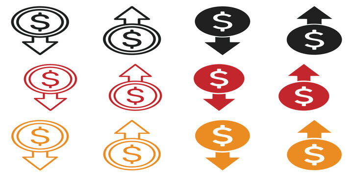 Set of financial dollar sign icons with upward and downward arrows for business analysis