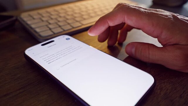 Hand Blocks a Phishing Message Sender on a Mobile Phone Beside a Keyboard on a Wooden Desk, Close View of a Security Alert Highlighting Digital Safety and Fraud Prevention