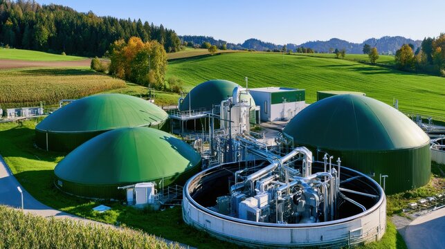 Biogas production facility with fermentation tanks in farmland
