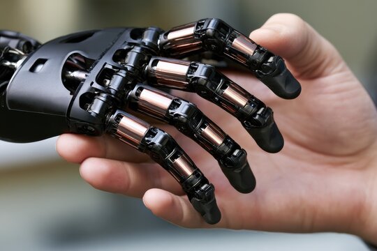 Biomedical engineer tests finger movement on a bionic prosthetic hand in a laboratory