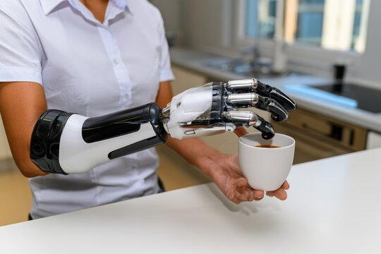Woman uses myoelectric forearm prosthesis to pick up a coffee cup in her kitchen