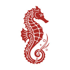 Detailed red Chinese paper cut vector artwork of a seahorse embellished with meander greek key patterns and water bubbles © 星星 段