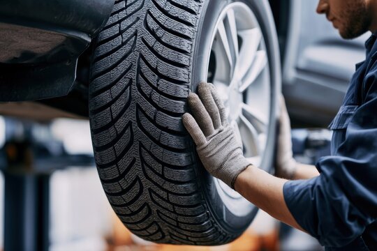 Mechanic mounting a winter tire on a passenger car in a workshop