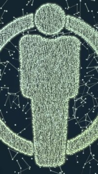 Vertical video: Particle column appearing, forming ring and shaping humanoid glyph, showing profile