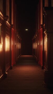 Vertical video: Camera tracking down narrow corridor, warm sidelights revealing wood grain to light