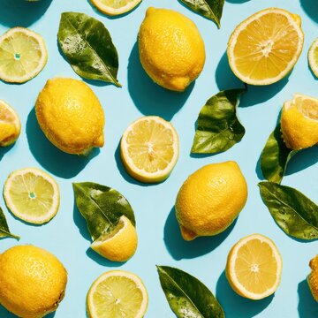 Seamless lemon pattern with whole fruit, citrus slices, and green leaves