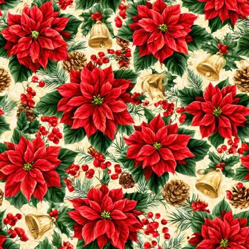 Christmas botanical repeat pattern with poinsettias, holly, bells, pine cones, and fir branches