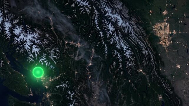 カルガリーからバンクーバーへの光子移動を示す衛星軌道視点の様子