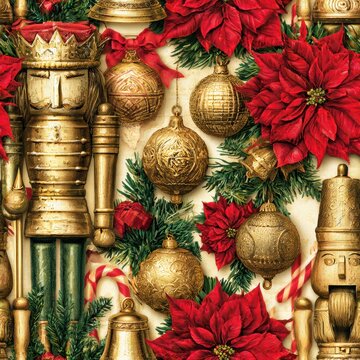 Victorian Christmas pattern with poinsettias, nutcrackers, ornaments, and fir branches
