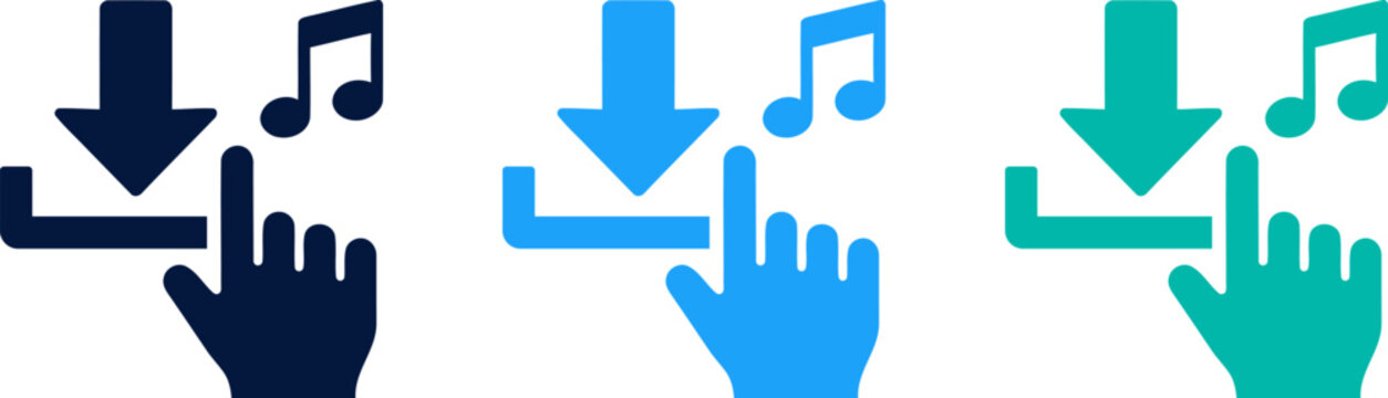 Music Download Icons Set With Hand Pointer, Down Arrow and Musical Notes in Three Colors