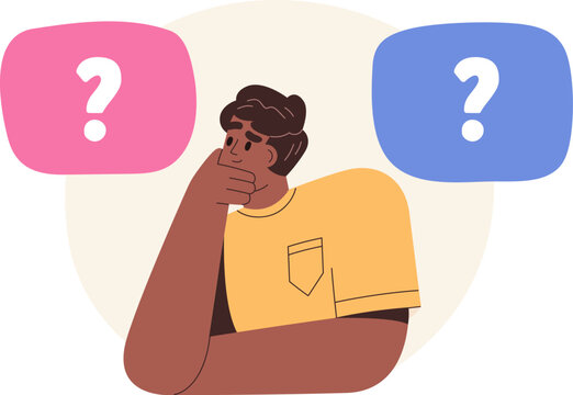 Puzzled confused person with concept questions. Man thinking, doubting, making choice, decision between two options, solving problem, deciding. Flat vector illustration isolated on white background.