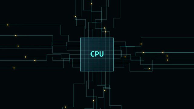 Central processing unit cpu chip interconnected with glowing digital circuit lines transmitting data signals