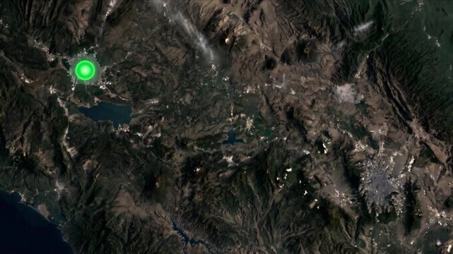 メキシコシティからグアダラハラへの光子移動を示す衛星軌道視点の様子