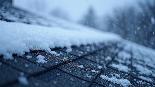 Snowfall settles on a shingled roof. Winter weather and seasonal snowfall. Cold season, precipitation and nature. Snow covered rooftop close-up.