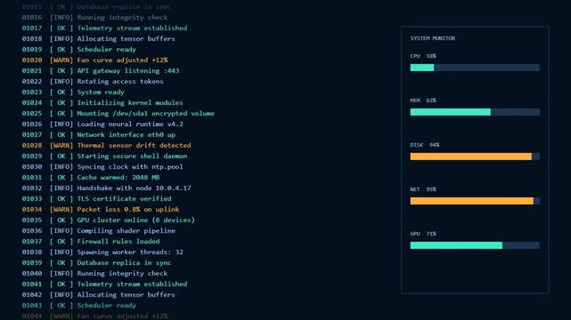 Terminal log scrolling down rapidly while dynamic system monitor graph displays real time server metrics