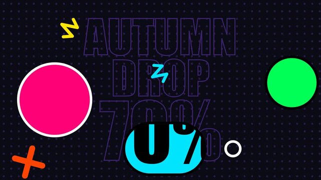 Flat vector shapes (large circles, crossing lines, zig-zags) bounce around the screen like billiard balls. The pop art text is masked inside these fla.